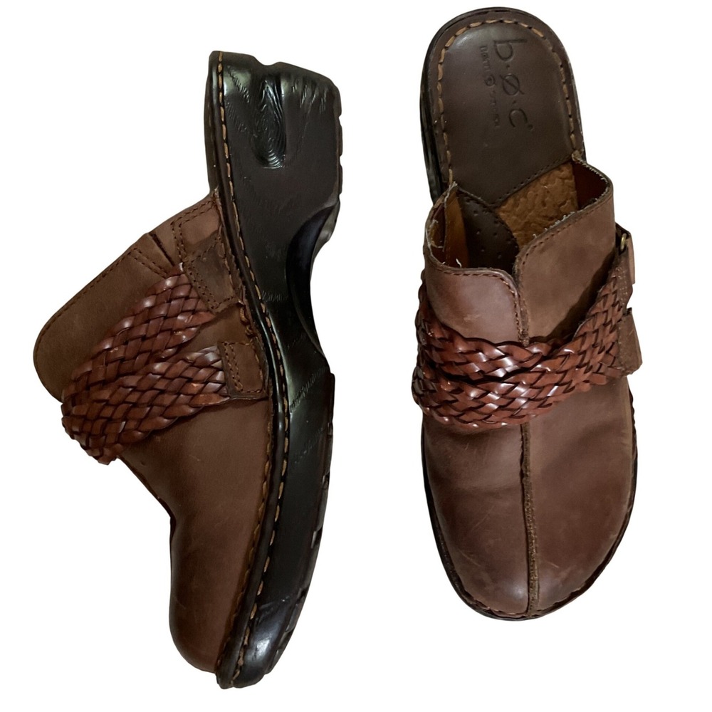 B.O.C. Born Concept Brown Leather Braided Strap Clogs Mules C43023 Size 9